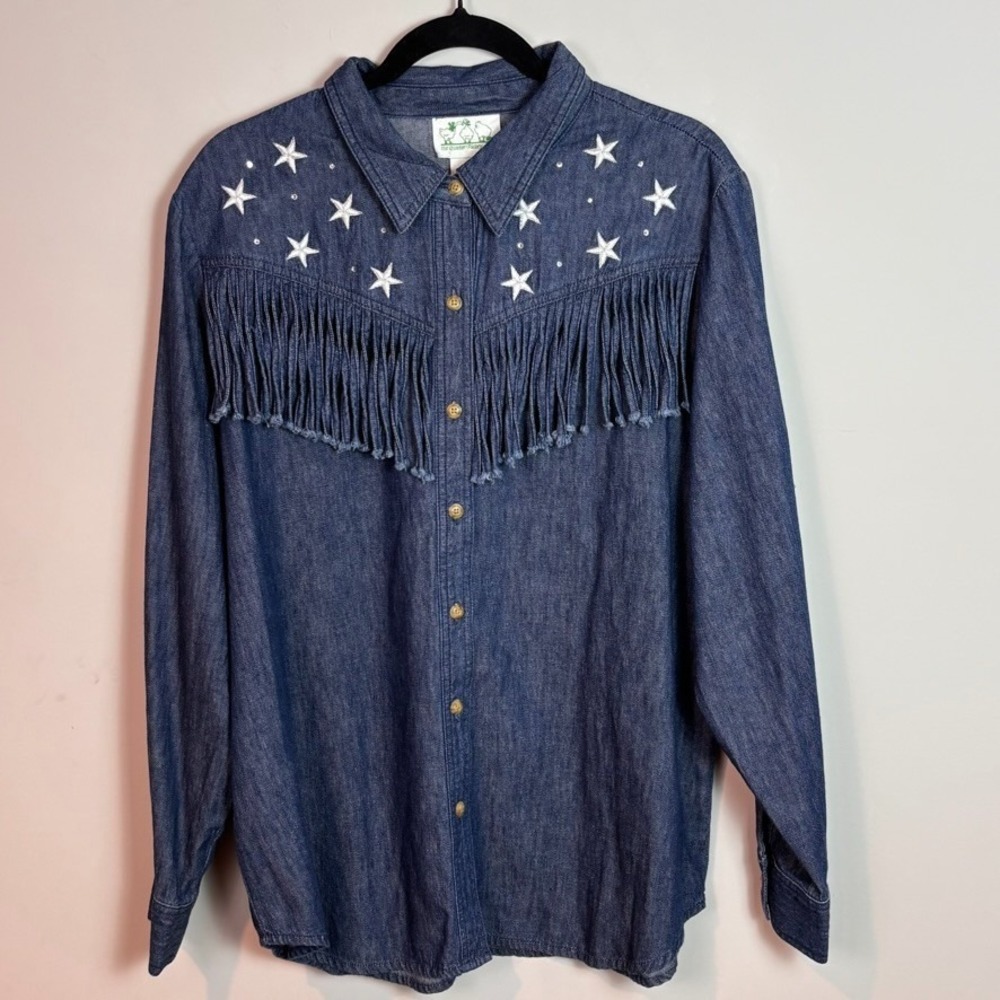 The Quacker Factory Womens Denim Western Fringe Star Rhinestone Button up sz Lg